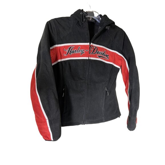 Harley-Davidson Womens Hooded Fleece Jacket Black/Red Zippered Pockets Size M Po - Picture 3 of 9